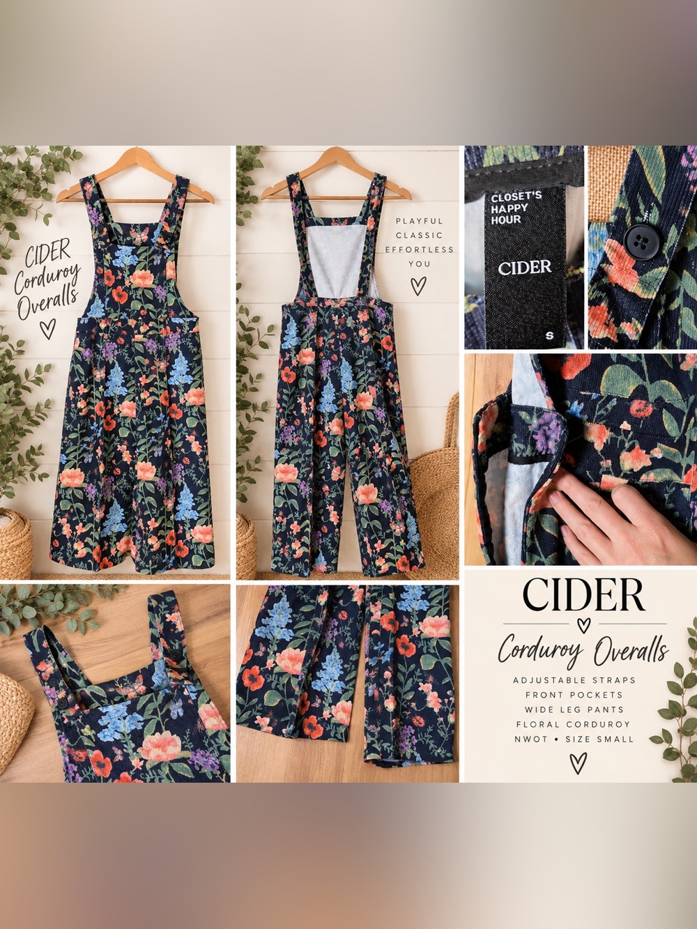 CIDER Floral Corduroy Overalls Wide Leg Black Multicolor NWOT Size Small